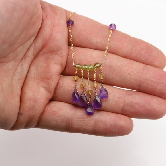 Amethyst Beaded Necklace 14k Yellow Gold Dangle Bead Necklace #001 - Picture 5 of 6